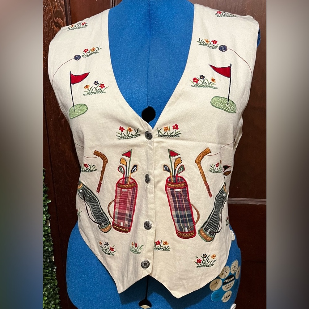 Golf themed embroidered waistcoat women’s vest Medium ID Sport vintage floral